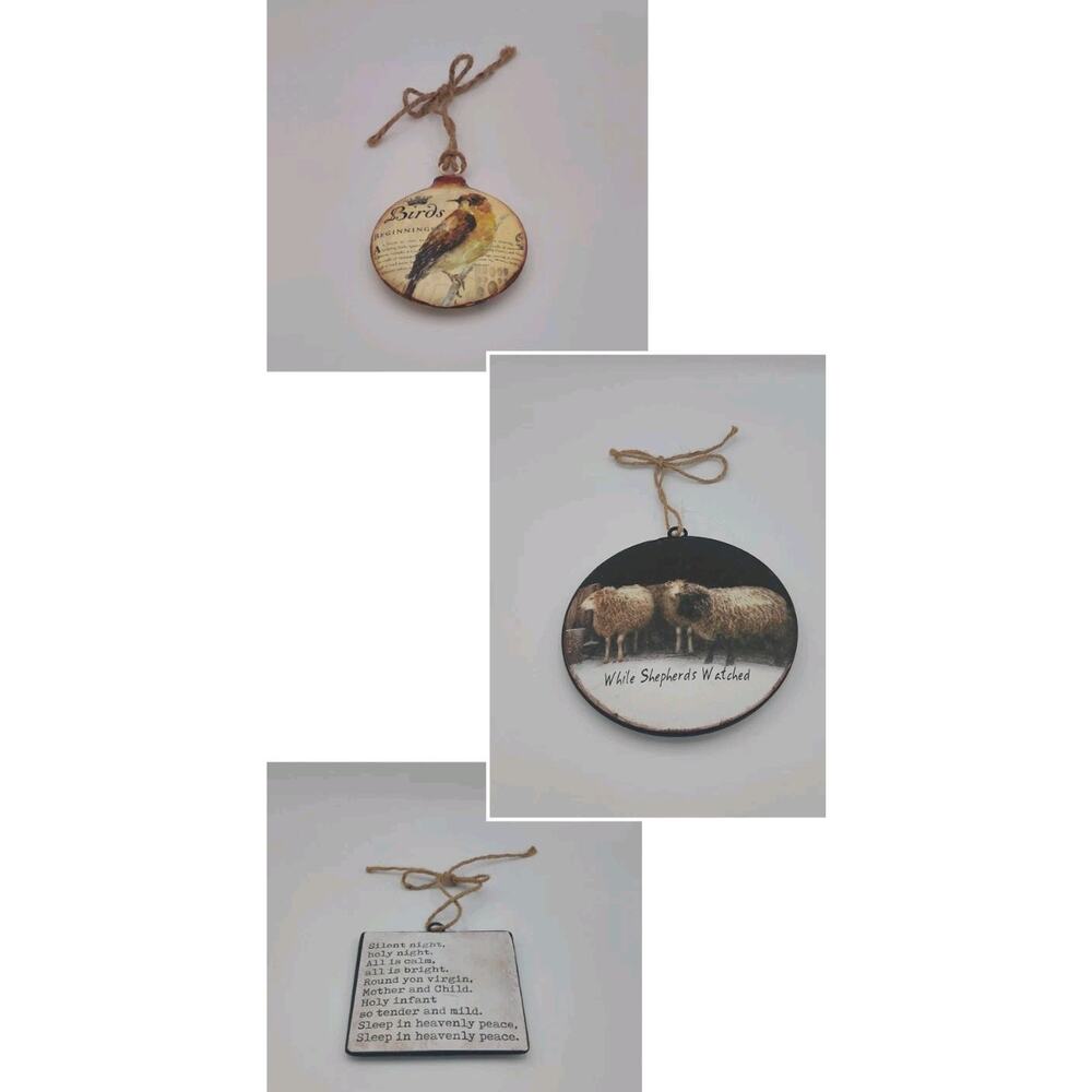 Set Of 3 Metal Hanging Christmas Ornaments Double Sided -Bird,Sheep,Silent Night